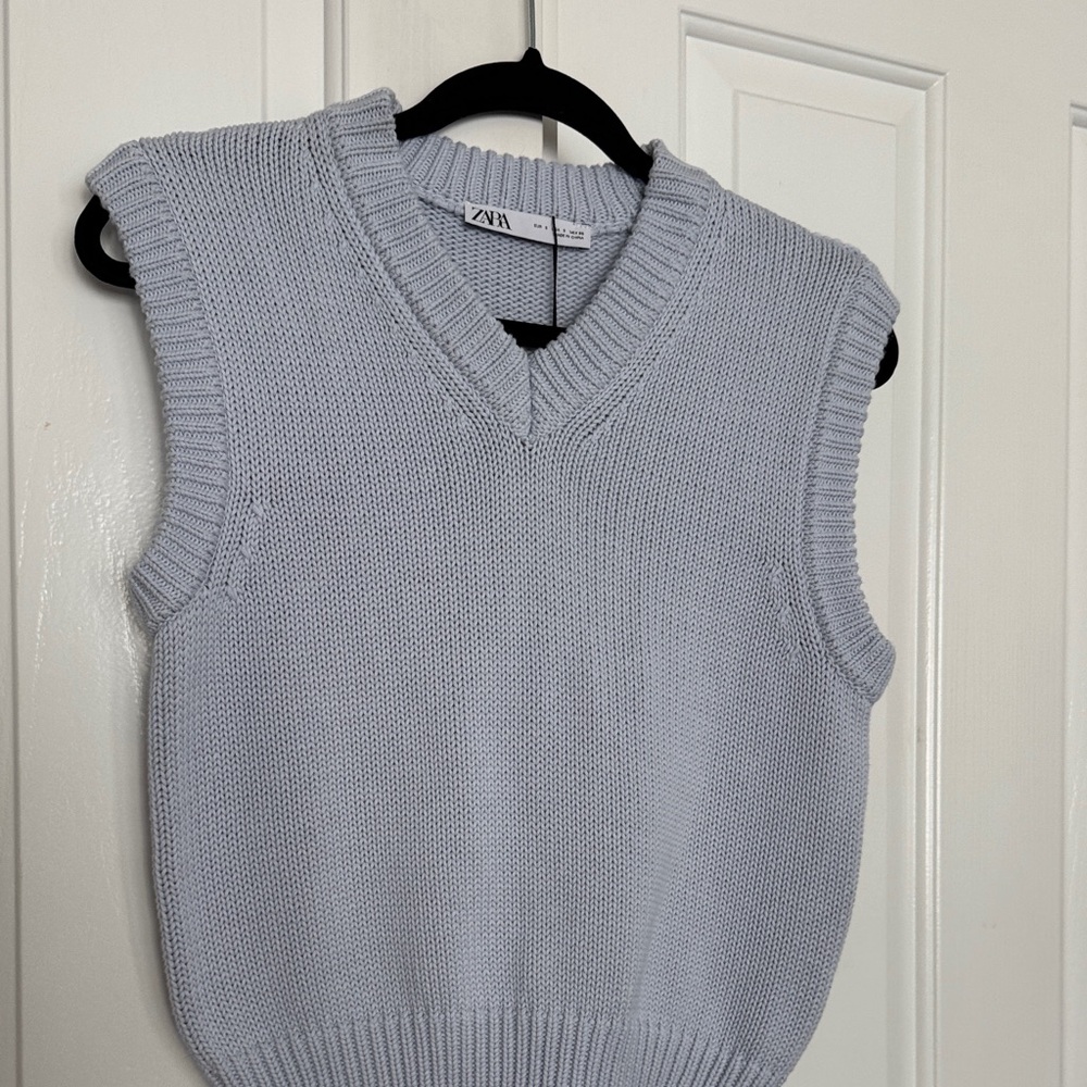 Zara Pale Blue V-Neck Sleeveless Knit Sweater Vest